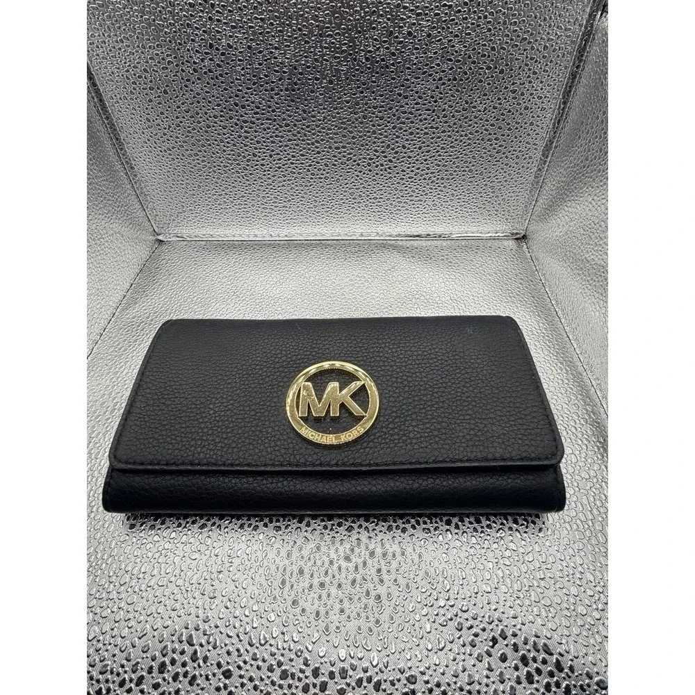 MICHAEL KORS MK‎ Fulton Gusset Carryall Black Pebble Leather Envelope Wallet